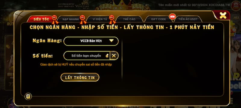 Nạp tiền Xocdia88 siêu tốc trong 30s